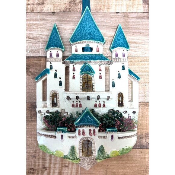 Vintage Handcrafted Ceramic Castle Wall Hanging With Blue Roofs 3D - Picture 1 of 4